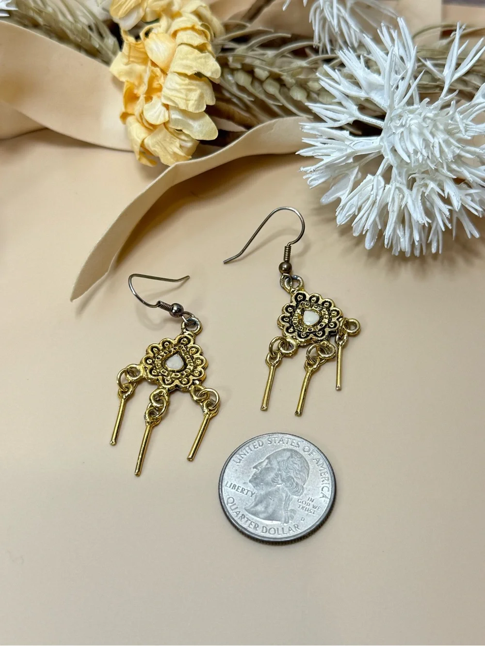 Vintage Gold Tone Chandelier Dangle Earrings White Teardrop Accent